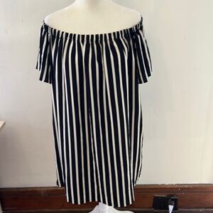 French Connection black cream striped off the shoulder dress Size M New